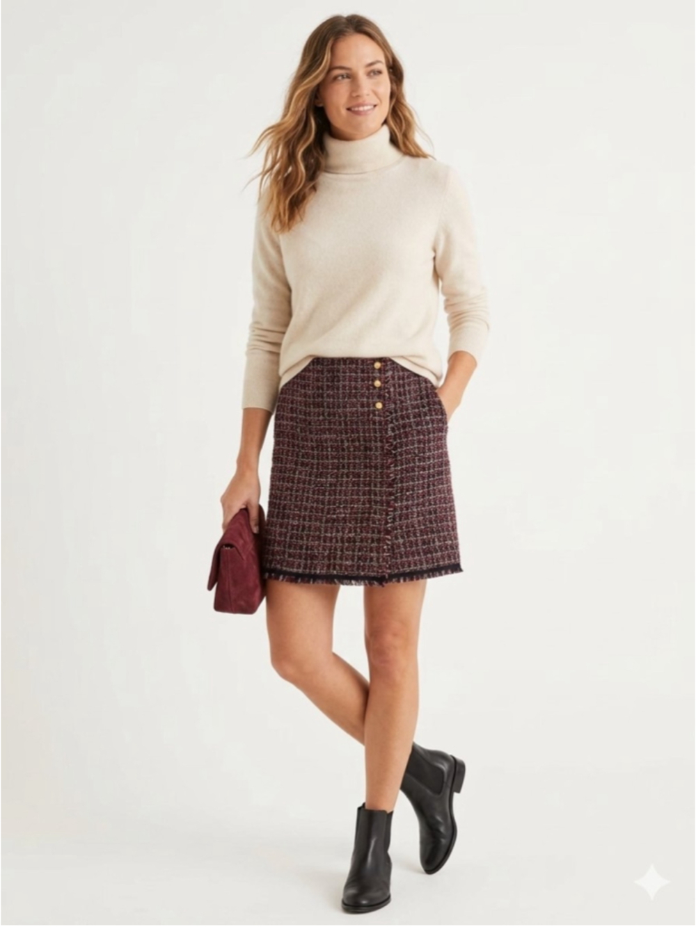 Women's Talbots Tweed Faux Wrap Skirt Burgundy Red Gold Buttons Fringe Sz 12 830